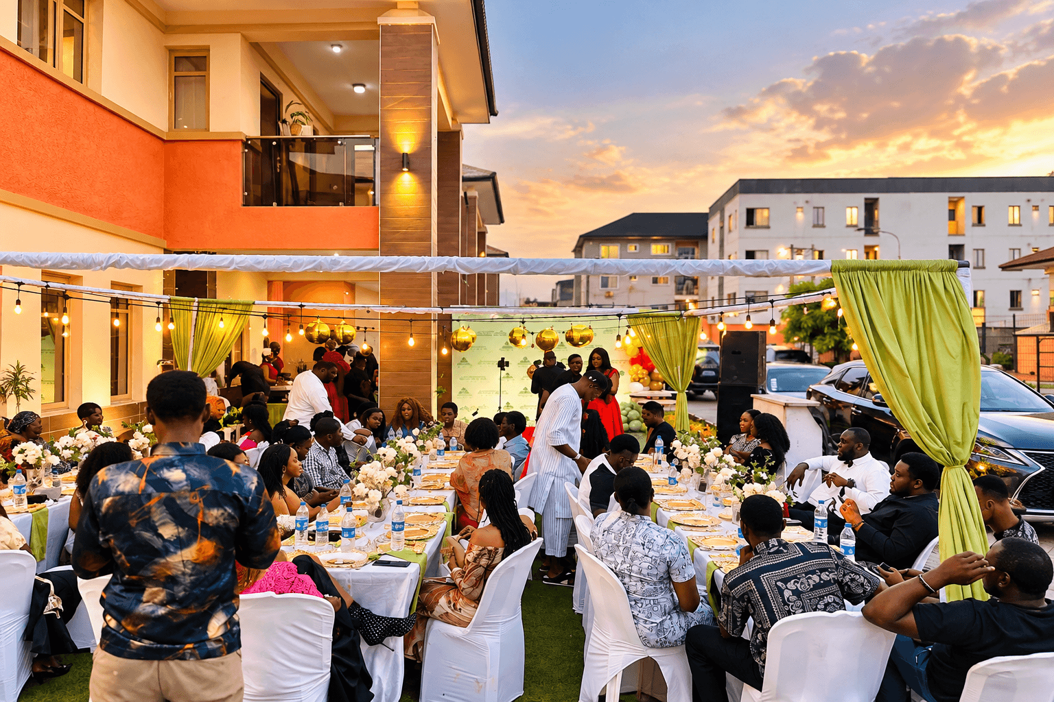 UAS Dinner — long dressed tables under string lights and green drapes in a garden at sunset